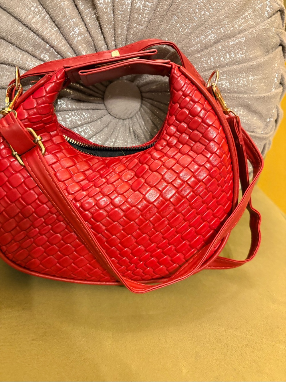 Bundle Deal Woven Crescent Shoulder Bag in Red & Green.
